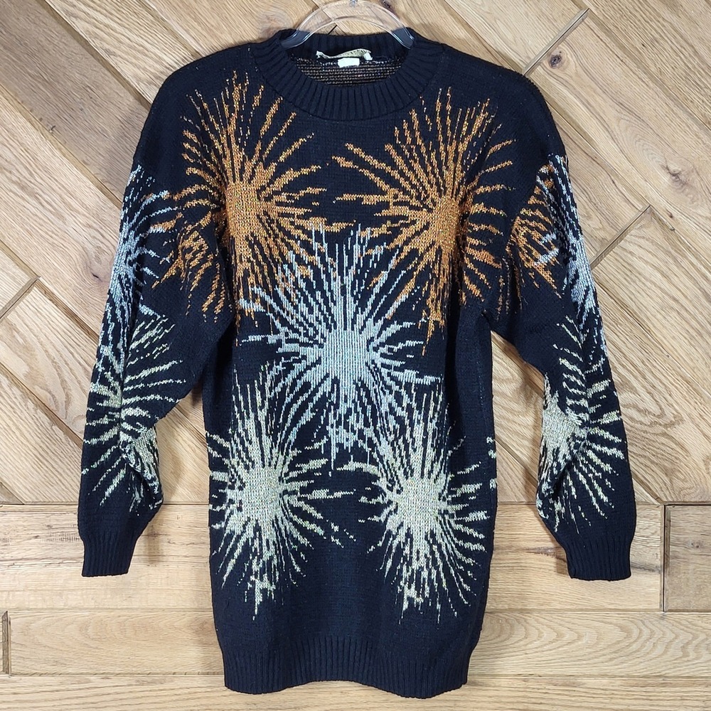 Vintage Dana Scott Sweater Women Small Metallic Starburst Firework Black Gold